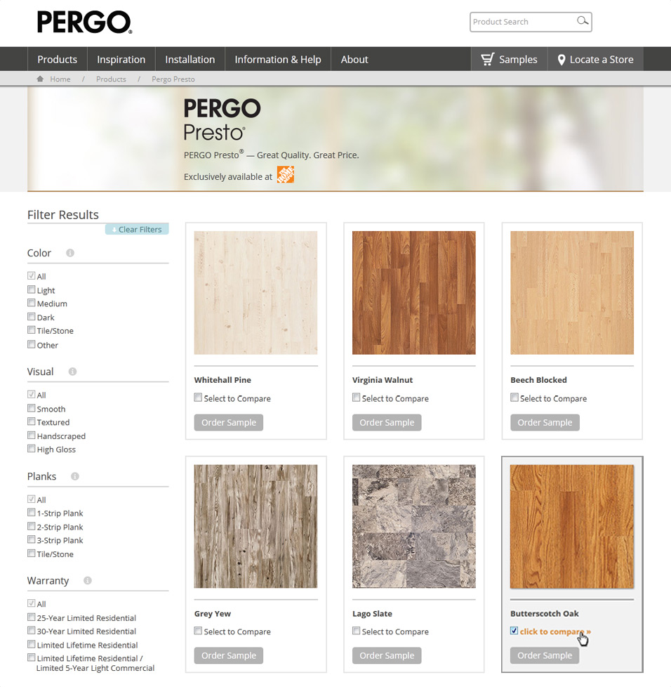 Pergo Website: Products Listing with Filters