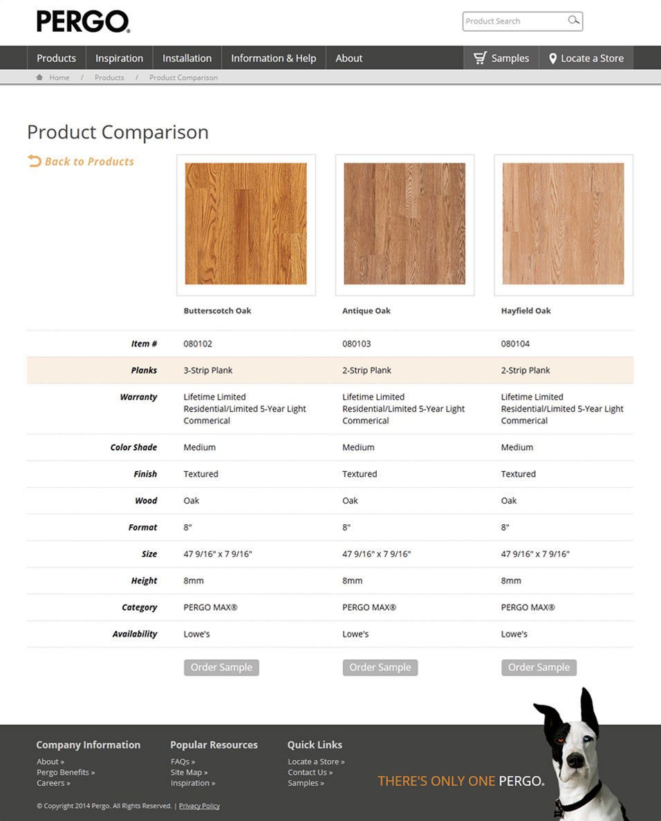 Pergo Website: Product Comparison Table